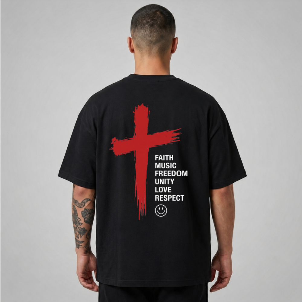 Oversize Premium T-Shirt Faith Music Freedom - Siyah